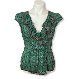 Odille Green And Red Ruffle Silk Top Size 4